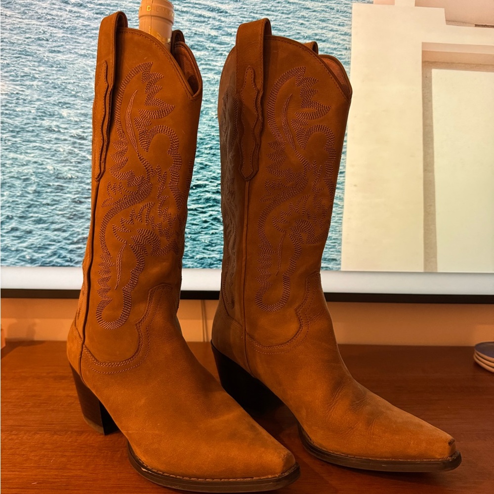 Jeffrey Campbell Tan Heeled Boots with Classic Cowboy Silhouette